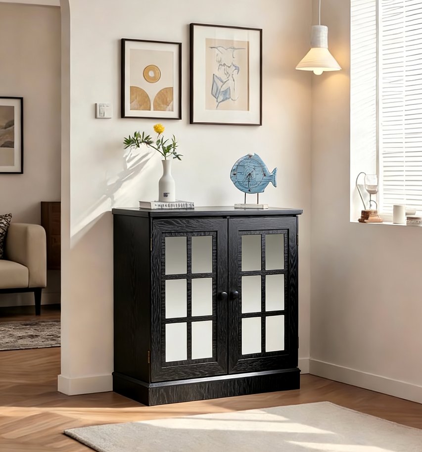 English Elm Storage Sideboard with Mirrored Acrylic Doors and Wood Grain Mdf Finish for Compact Rooms Black W2899P372748