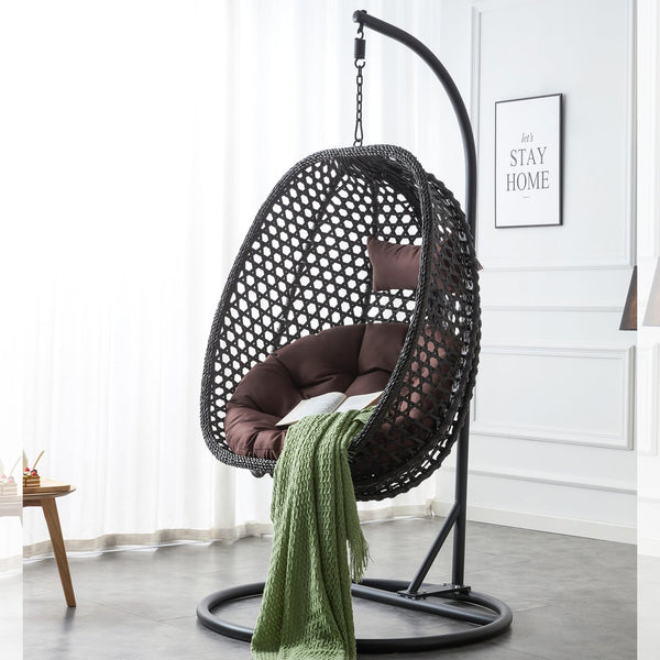 English Elm Egg Swing Chair Freestanding Woven Rattan Basket Seat with Cushion for Patio Bedroom W1512P494633