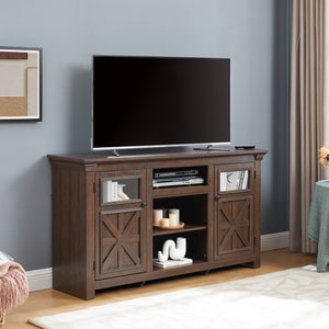 English Elm 2 Door Farmhouse Media Console with Glass Cabinet Panels and Open Shelving for Living Rooms W2275P389693