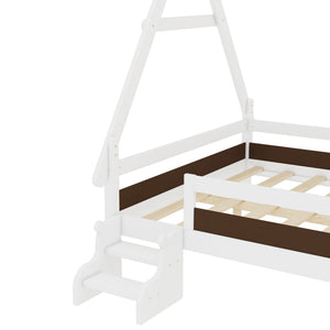 English Elm Twin House Shaped Platform Bed Solid Pine Frame with Built in Stairs for Kids Light White W1580P354720