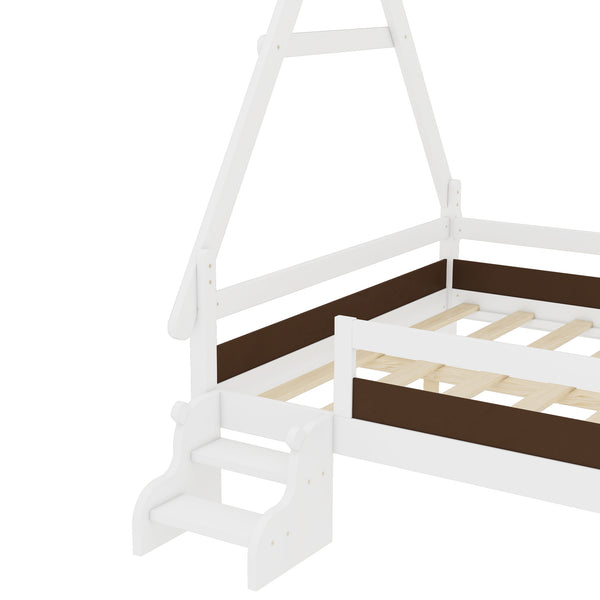 English Elm Twin House Shaped Platform Bed Solid Pine Frame with Built in Stairs for Kids Light White W1580P354720