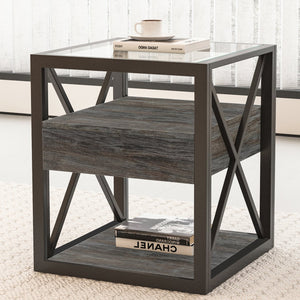 English Elm 1 Modern End Table With Drawer - Industrial Rustic Wood & Glass Nightstand, Compact Storage Solution W241P246916