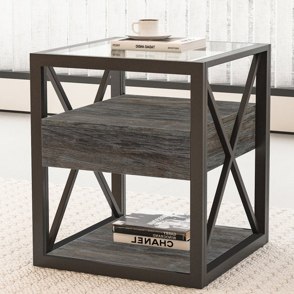 English Elm 1 Modern End Table With Drawer - Industrial Rustic Wood & Glass Nightstand, Compact Storage Solution W241P246916