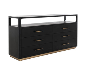 Sunpan Danette Dresser - Minimalist Black Oak Design With Brass Hardware & Open Top Shelf For Decor Display Black Wood 111771