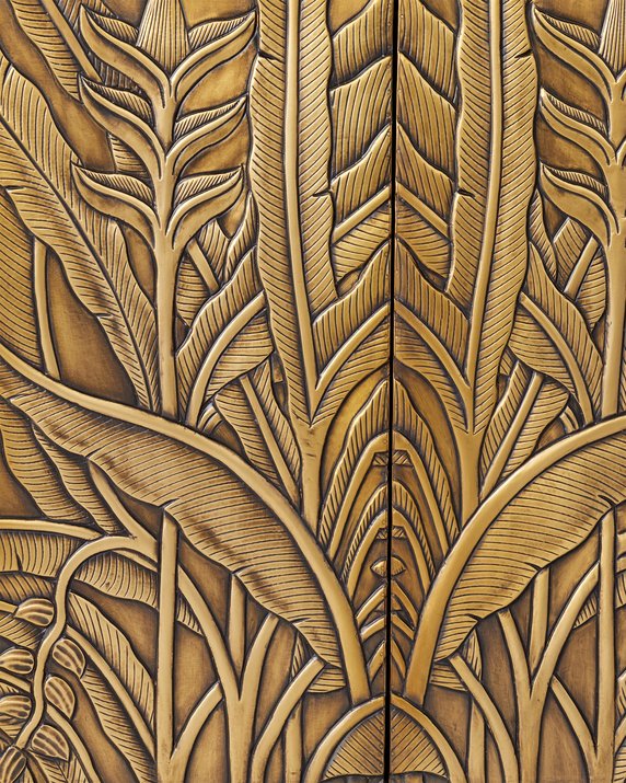 Currey & Company Jardin Credenza: Elegant Walnut Storage With Antique Brass Leaf Motifs For A Timeless Home Accent Brown Teak Wood ,Brass 3000-0324-currey-company