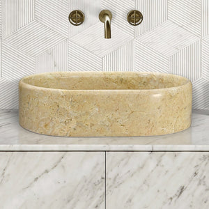 English Elm Gold Marble Vessel Sink - Luxurious Natural Stone With Warm Veining, Polished Finish, 23.6X15.7 Inches W1696P333272