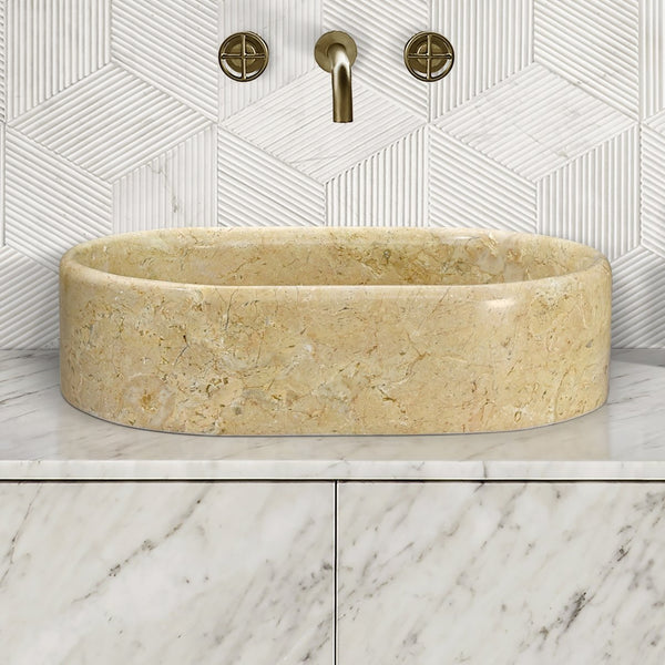 English Elm Gold Marble Vessel Sink - Luxurious Natural Stone With Warm Veining, Polished Finish, 23.6X15.7 Inches W1696P333272