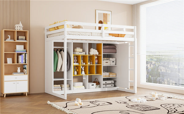 English Elm Twin Loft Bed with Wardrobe Shelves and Cabinet Kids Bedroom Wood Storage Frame Yellow+White N708S00023K