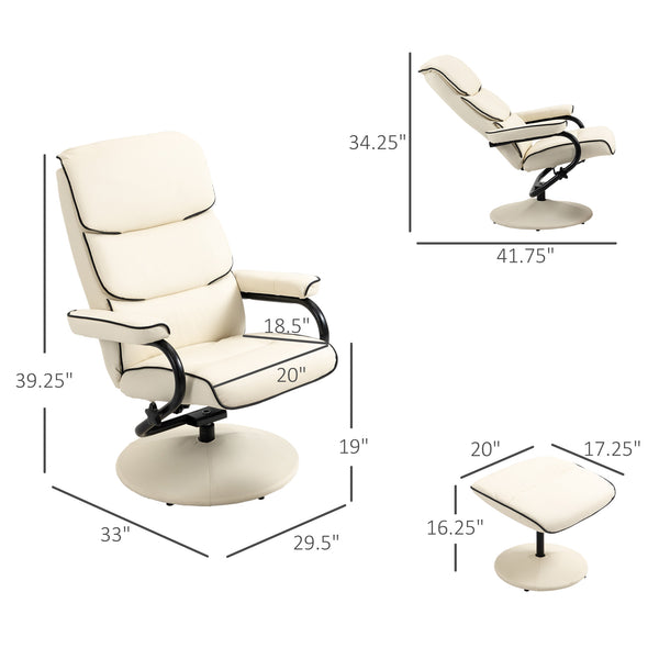 English Elm HOMCOM PU Leather Recliner with Ottoman — Swivel High Back Armchair, 135° Adjustable, Plush Padding Cream White W2225P217428