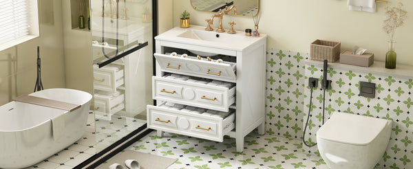 English Elm 30'' Bathroom Vanity with Ceramic Sink, Solid Wood Frame Retro Style Vanity with 3 Drawers & Gold Handles White N710P246209K