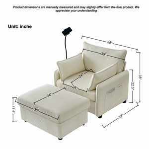English Elm 55" Oversized Chaise Lounge Chair With Ottoman & Storage – Cozy Corduroy Sofa With Usb Ports & Pillows W3373P328962