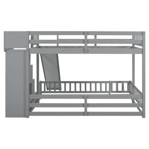 English Elm Twin Over Full Bunk Bed Solid Pine Frame with Built-in Slide and Storage Staircase Grey W504S00289