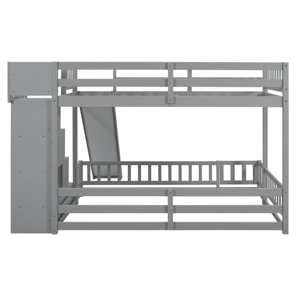English Elm Twin Over Full Bunk Bed Solid Pine Frame with Built-in Slide and Storage Staircase Grey W504S00289
