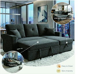 English Elm Sleeper Sectional Sofa with Storage Chaise Tufted Polyester Upholstery Small Space W5568S00038