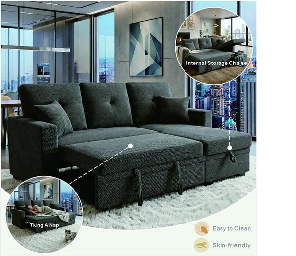 English Elm Sleeper Sectional Sofa with Storage Chaise Tufted Polyester Upholstery Small Space W5568S00038
