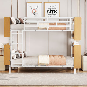 English Elm Twin Metal Bunk Bed with Built-In Headboard Storage and Footboard Shelves, Sturdy Space-Saving Design White SF000176AAK