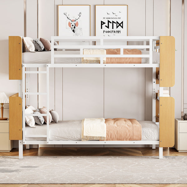 English Elm Twin Metal Bunk Bed with Built-In Headboard Storage and Footboard Shelves, Sturdy Space-Saving Design White SF000176AAK