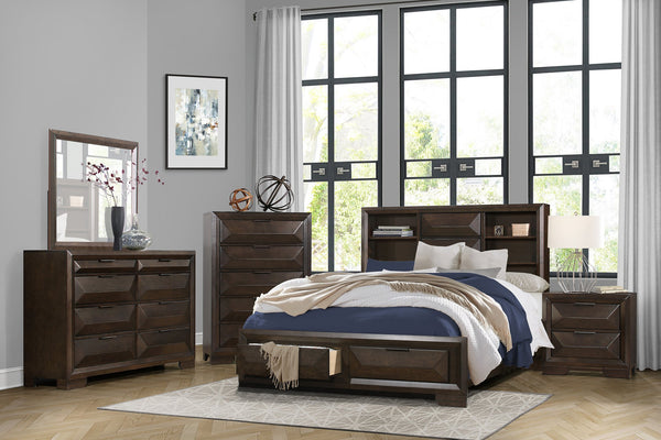 English Elm Contemporary Five Drawer Chest with Raised Panel Fronts and Espresso Birch Veneer Finish B011P225190
