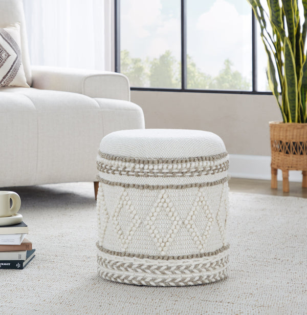 English Elm 18" Handwoven Wool Storage Ottoman Tufted Knotted Lid Bohemian Living Room Seat B202P471519