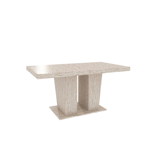 English Elm Rectangular extendable dining table with veined travertine top, beige MDF, sturdy wide feet, 6-10 seats W1347S00018