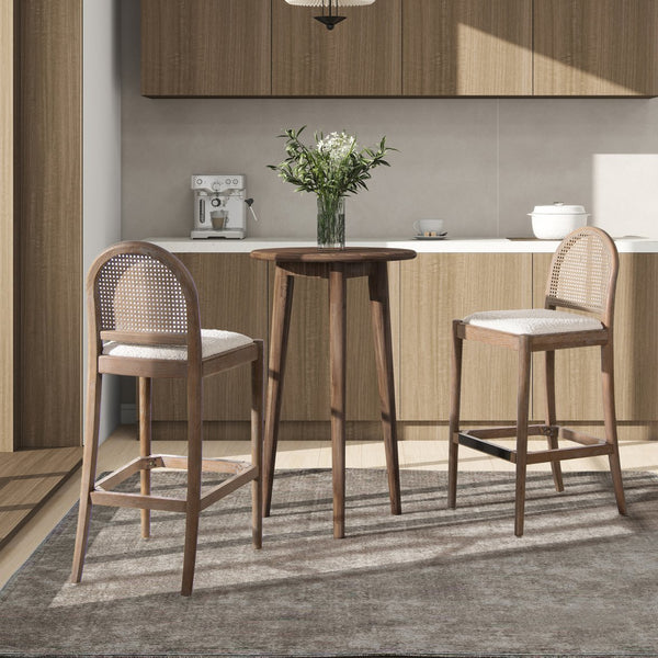 English Elm Jennifer Taylor Home - Panama 30.5" Curved Back Cane Rattan Bar Stool with Oak Frame, Boucle Upholstery & Brass Footrest White B2719P238387