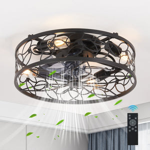 English Elm 18-inch Vintage Caged Ceiling Fan Light with Remote Control, Quiet DC Motor, Industrial Iron Design Black W2312P374990