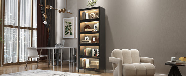 English Elm 76.75'' Tall Steel Barrister Bookcase with Led Lit Shelves and Brass Hardware Display Black SN845P397473B
