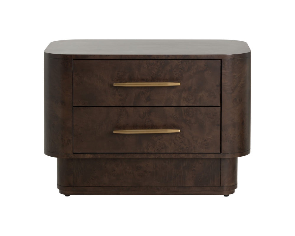 Sunpan EZEKIEL Nightstand - Chic Maple Burl Veneer with Soft-Close Drawers and Brushed Gold Accents 112139