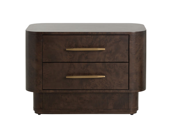 Sunpan EZEKIEL Nightstand - Chic Maple Burl Veneer with Soft-Close Drawers and Brushed Gold Accents 112139