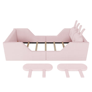 English Elm Twin Kids Platform Bed Teddy Fabric Upholstered with Bunny Cushions and Safety Rails Pink W2593P395807