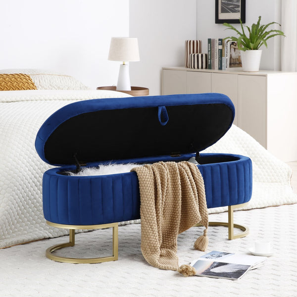 English Elm Storage Sherpa Upholstered Bench with Hidden Compartment and Gold Legs – Modern Long Ottoman Seat for Bedroom, Entryway, Living Room, Window (Storage Appeal) Blue W1117P176448