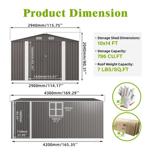 English Elm 10x14 Ft Galvanized Steel Outdoor Storage Shed with Lockable Doors and Vented Window W3213S00005