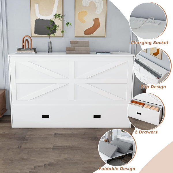 English Elm 57 Inch Murphy Bed Cabinet with Storage Drawers Charging Station and Rolling Casters White W509S00155