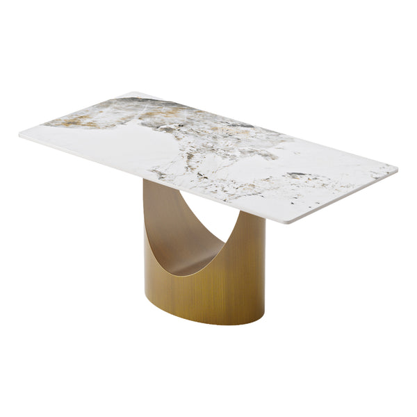 English Elm 63" Modern Rectangular Dining Table With White Sintered Stone Top & Bronze Iron Legs - Seats 6-8! W1535S00553