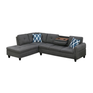 English Elm Black Faux Leather L Shaped Sectional with Cup Holders Nailhead Trim Storage Dark Gray B2730S00032