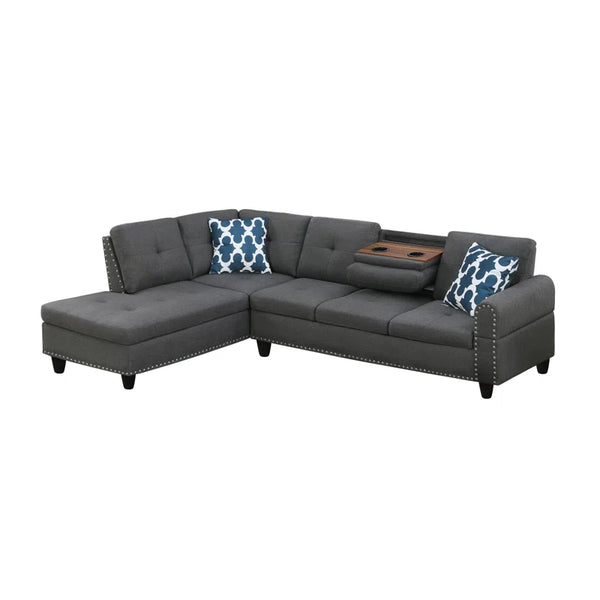 English Elm Black Faux Leather L Shaped Sectional with Cup Holders Nailhead Trim Storage Dark Gray B2730S00032