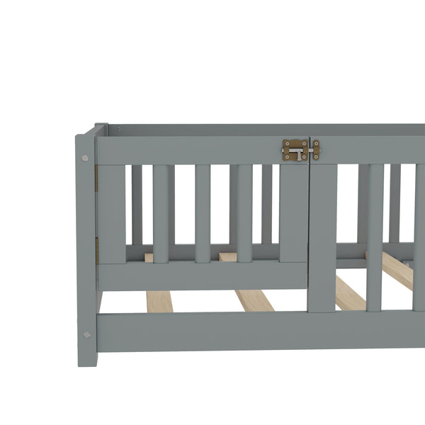 English Elm Twin Twin Size Floor Bed with Safety Guardrails and Playful Door for Kids, Pine/Plywood, Low Profile Gray W1580P338948