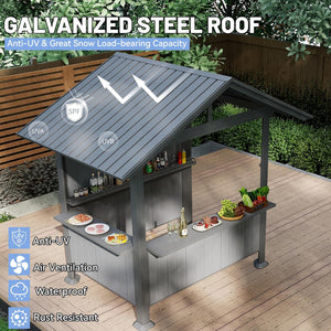 English Elm 9.4x6.2 Ft Hardtop Grill Gazebo Galvanized Steel Gable Roof with Shelves Patio Backyard Gray W1859S00207