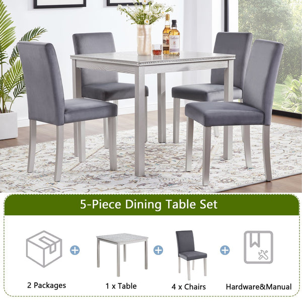 English Elm 5 Piece Wooden Dining Table Set - Elegant Square Table & 4 Upholstered Chairs With Crystal Accents W1998S00068