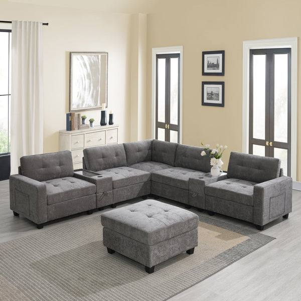 English Elm [new U-shaped Chenille Sectional Six Seat Tufted Couch with Usb Charging Storage Gray N723S1191E