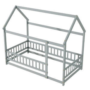 English Elm Twin Floor Wooden House Bed With Roof Frame & Guardrails - Cozy Grey Design For Kids' Rooms W504P286402-GIGA