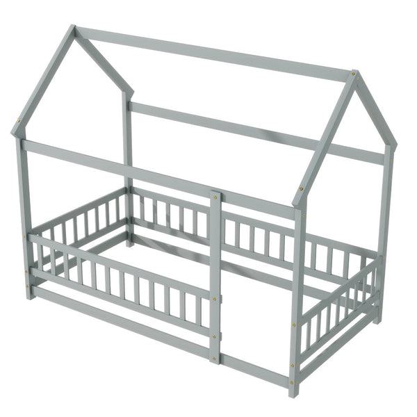 English Elm Twin Floor Wooden House Bed With Roof Frame & Guardrails - Cozy Grey Design For Kids' Rooms W504P286402-GIGA