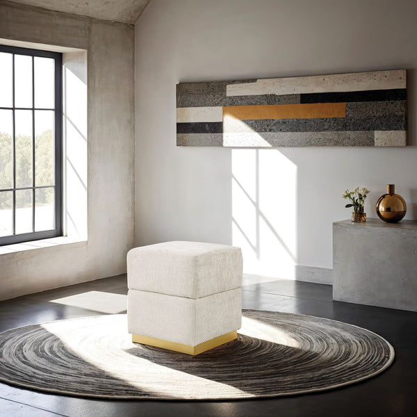 English Elm Beige Chenille Storage Stool Cube Design with Gold-Plated Stainless Base, Contemporary 15x15x19" Stylish B2741P388383