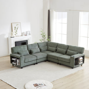 English Elm 102.75*102.75" L-Shaped Modular Sectional Sofa with Corduroy Upholstery, Storage Arm, Cup Holder, 5-Seat Convertible Lounge Green W1926S00054
