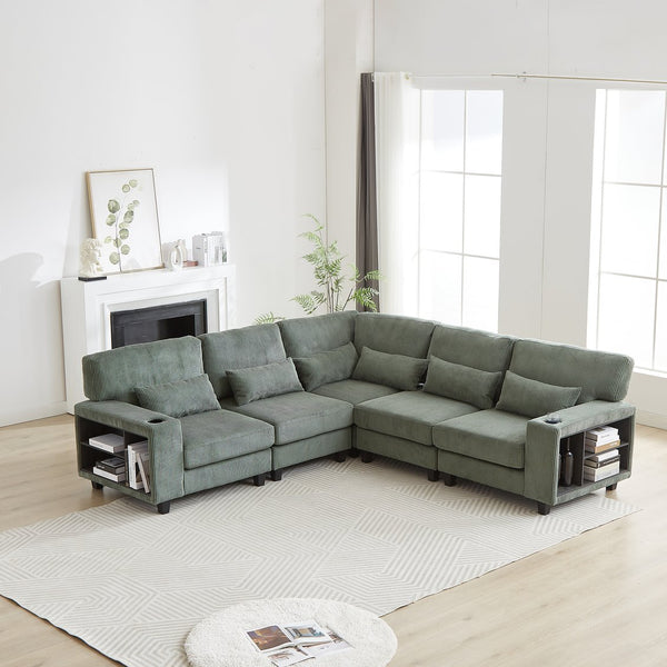 English Elm 102.75*102.75" L-Shaped Modular Sectional Sofa with Corduroy Upholstery, Storage Arm, Cup Holder, 5-Seat Convertible Lounge Green W1926S00054