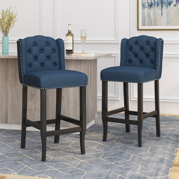 English Elm Christopher Knight Home® - Vienna Tufted Wingback Counter Stools Set of 2 — Button-Tufted Fabric, Nailhead Trim, Rubberwood Frame Navy Blue 64856.00NBLU