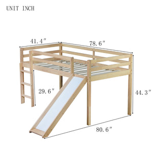 English Elm Twin Low Loft Bed with Slide and Ladder for Kids, Rubberwood Frame, Safety Guardrails & Playspace White Oak W504P218527