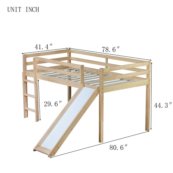 English Elm Twin Low Loft Bed with Slide and Ladder for Kids, Rubberwood Frame, Safety Guardrails & Playspace White Oak W504P218527