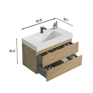 English Elm U042-Alice36-106 Modern 36" Wall-Mounted Oak Vanity with Integrated Matte Black Basin, Soft-Close Drawers W1865S00042