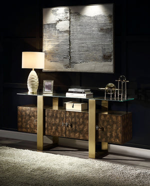 English Elm Mabyn Brass & Antique Brown Console Cabinet with Tempered Glass Top, 4 Doors, 2 Drawers, Adjustable Shelf B2726P263770